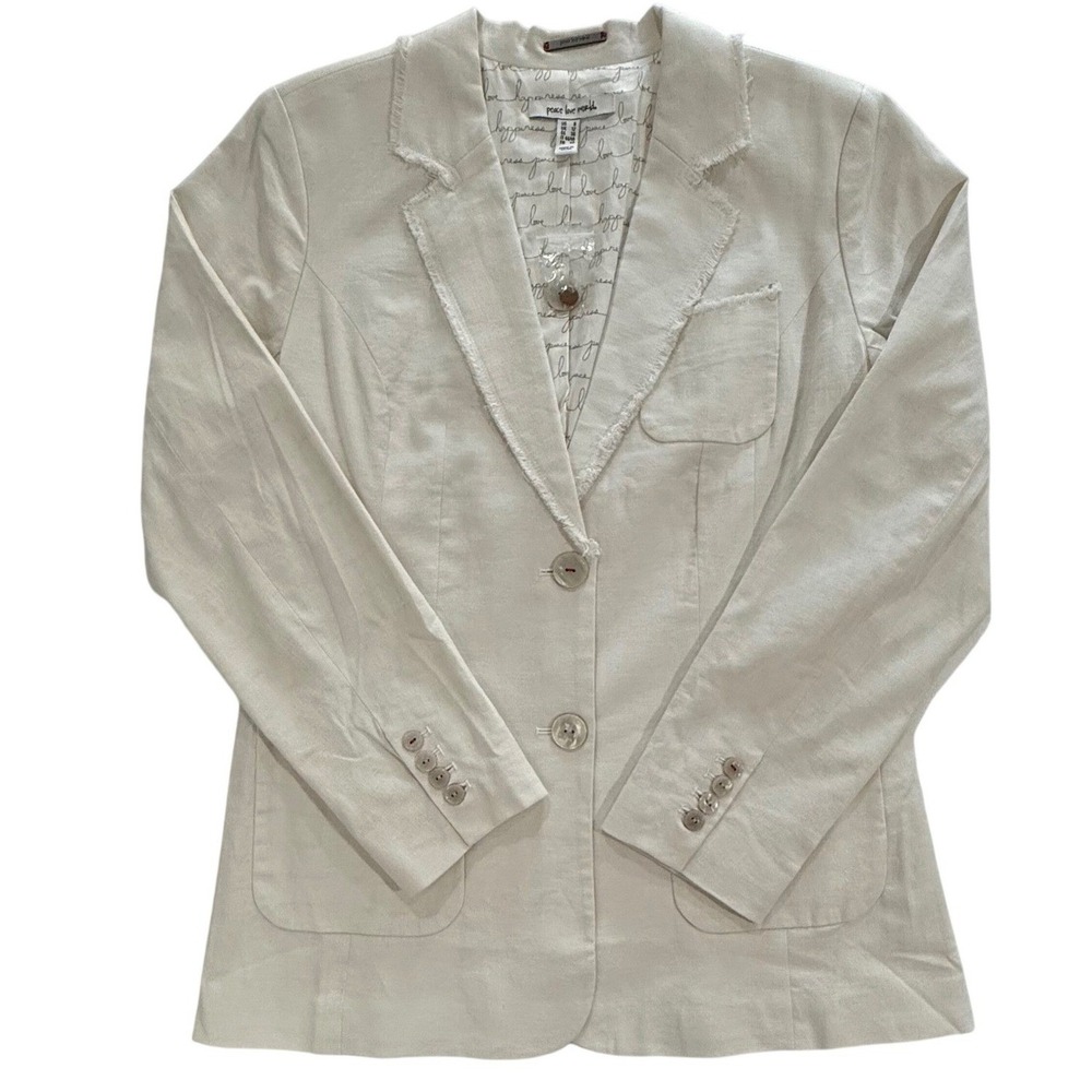 Peace Love World White Linen Blend Frayed Edge Blazer QVC A288636 Size 8 W450